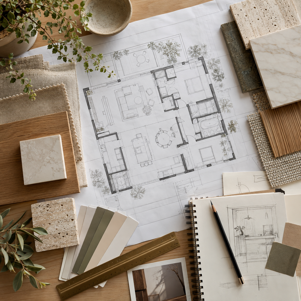 Mesa de trabajo de diseño de interiores con planos, moodboard y muestras de madera, piedra y textiles